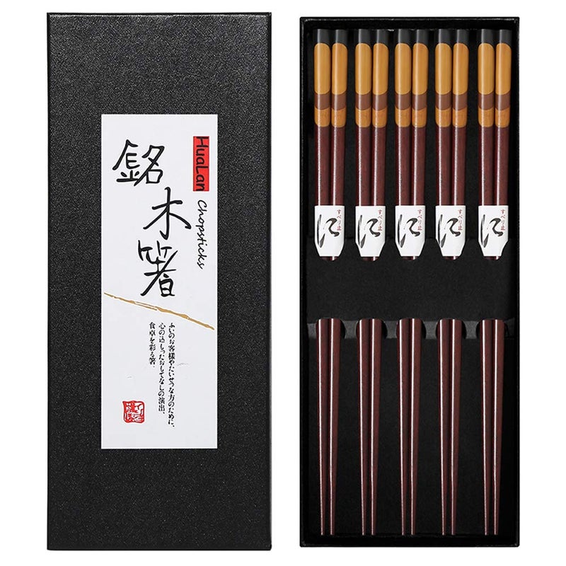 HuaLan Japanese Natural Wood Chopstick Set Reusable Classic Style Chopsticks Non-slip Design Chop Sticks 5 Pairs Gift Set - Image 1